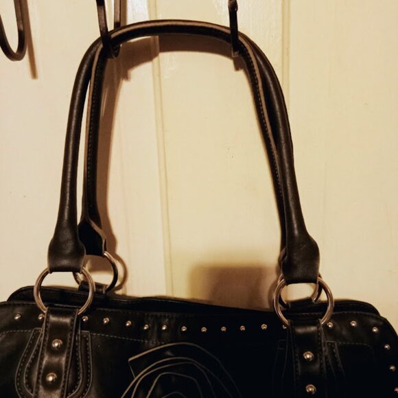 NEW Womans Black Leather Purse With Silver Studs And Rosette floral Petals - Picture 10 of 13
